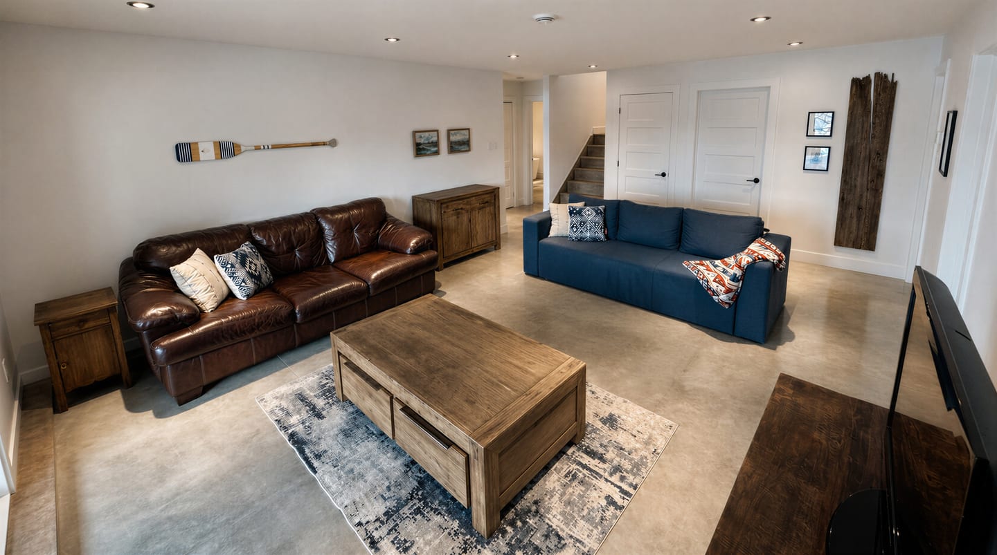Salon au sous-sol avec sofa cuir et canapé bleu