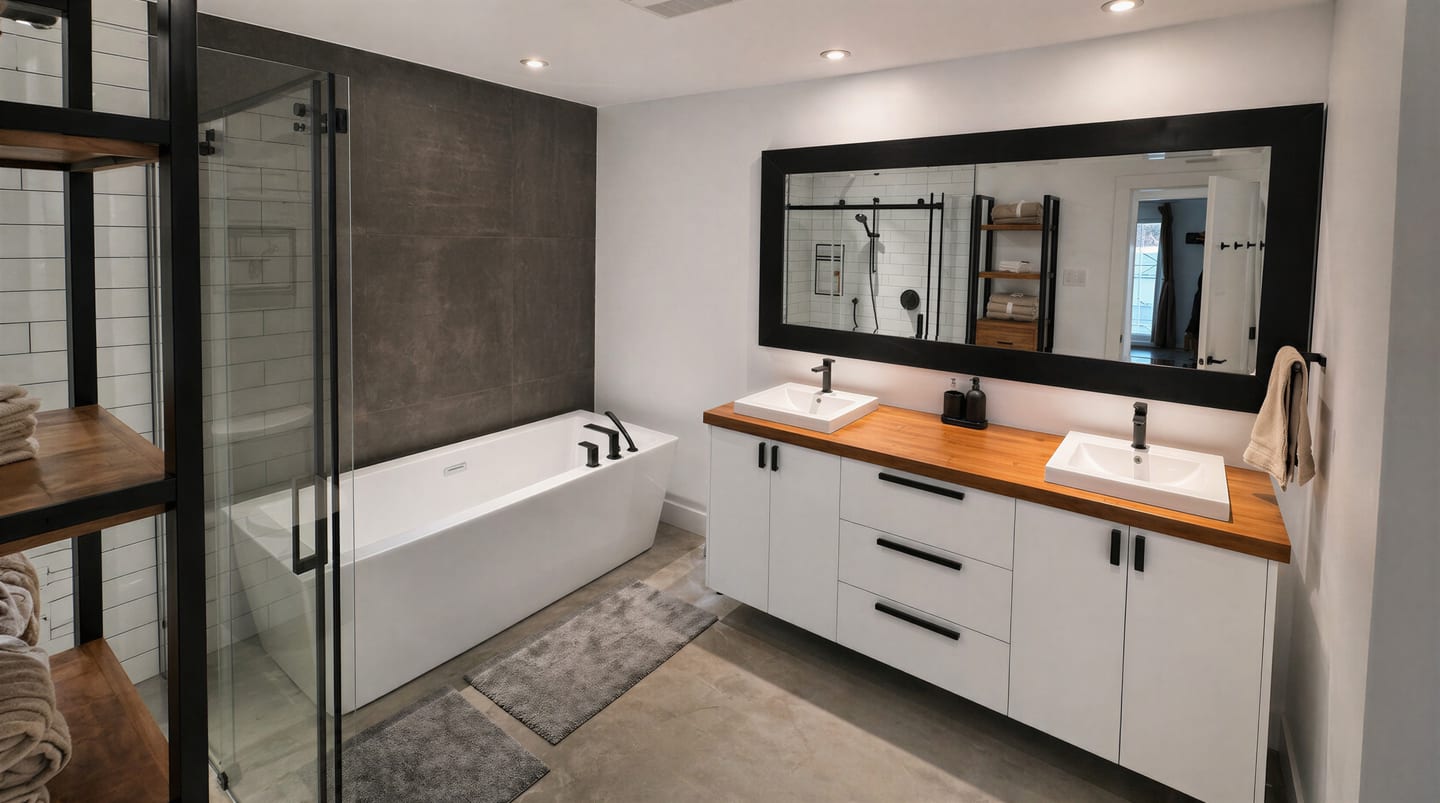 Salle de bain familiale avec double vasque et bain autoportant
