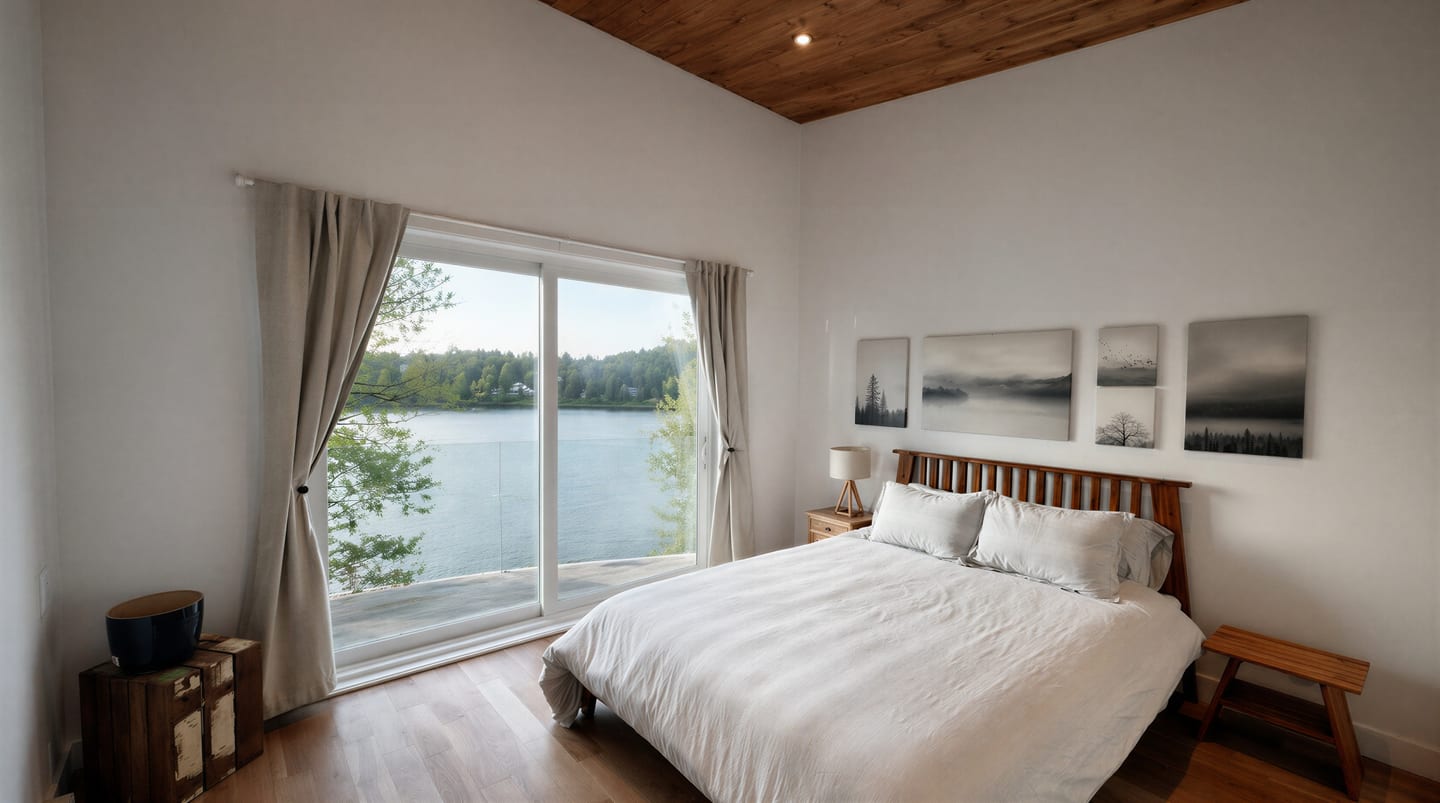 Chambre avec lit Queen et fenêtre sur le lac