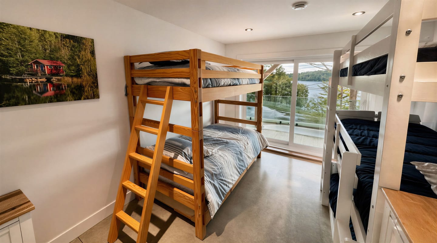 Chambre avec lits superposés et porte coulissante sur le lac