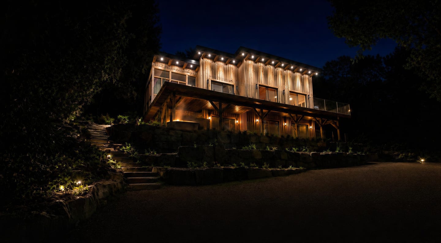 Chalet de luxe Barron Lakehouse illuminé la nuit, Gore (Laurentides)