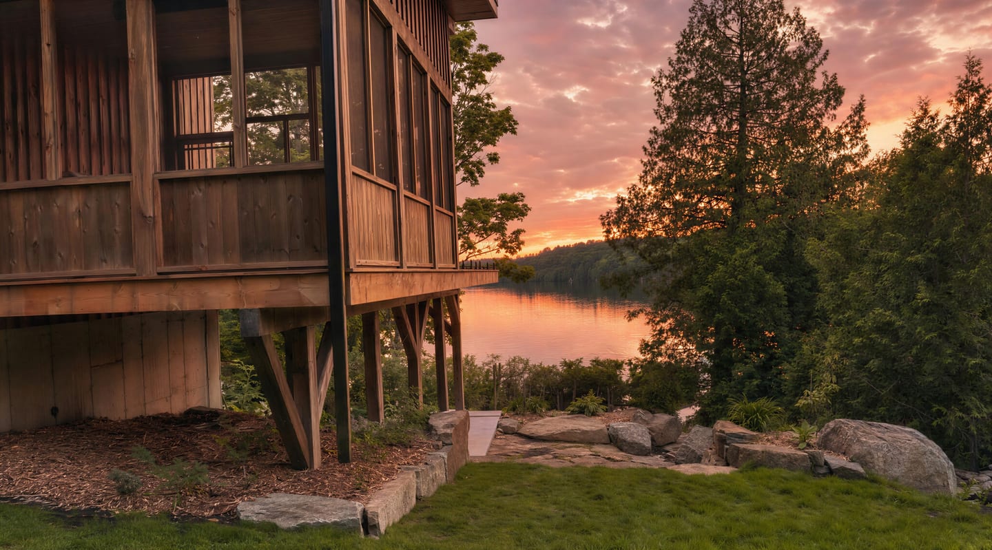 Chalet vue arrière au coucher du soleil