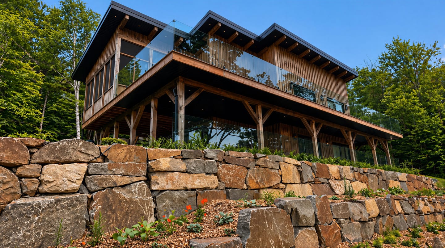 Façade en bois du chalet Barron Lakehouse, vue depuis le mur de pierres