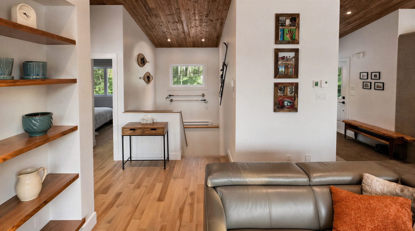 Couloir intérieur avec étagères flottantes et céramiques