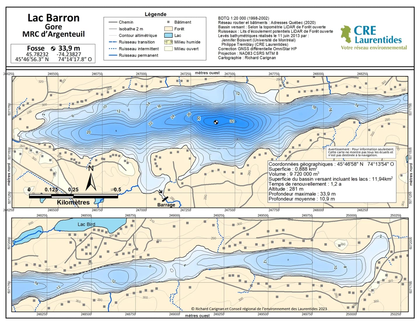 Carte bathymétrique officielle du lac Barron, CRE Laurentides